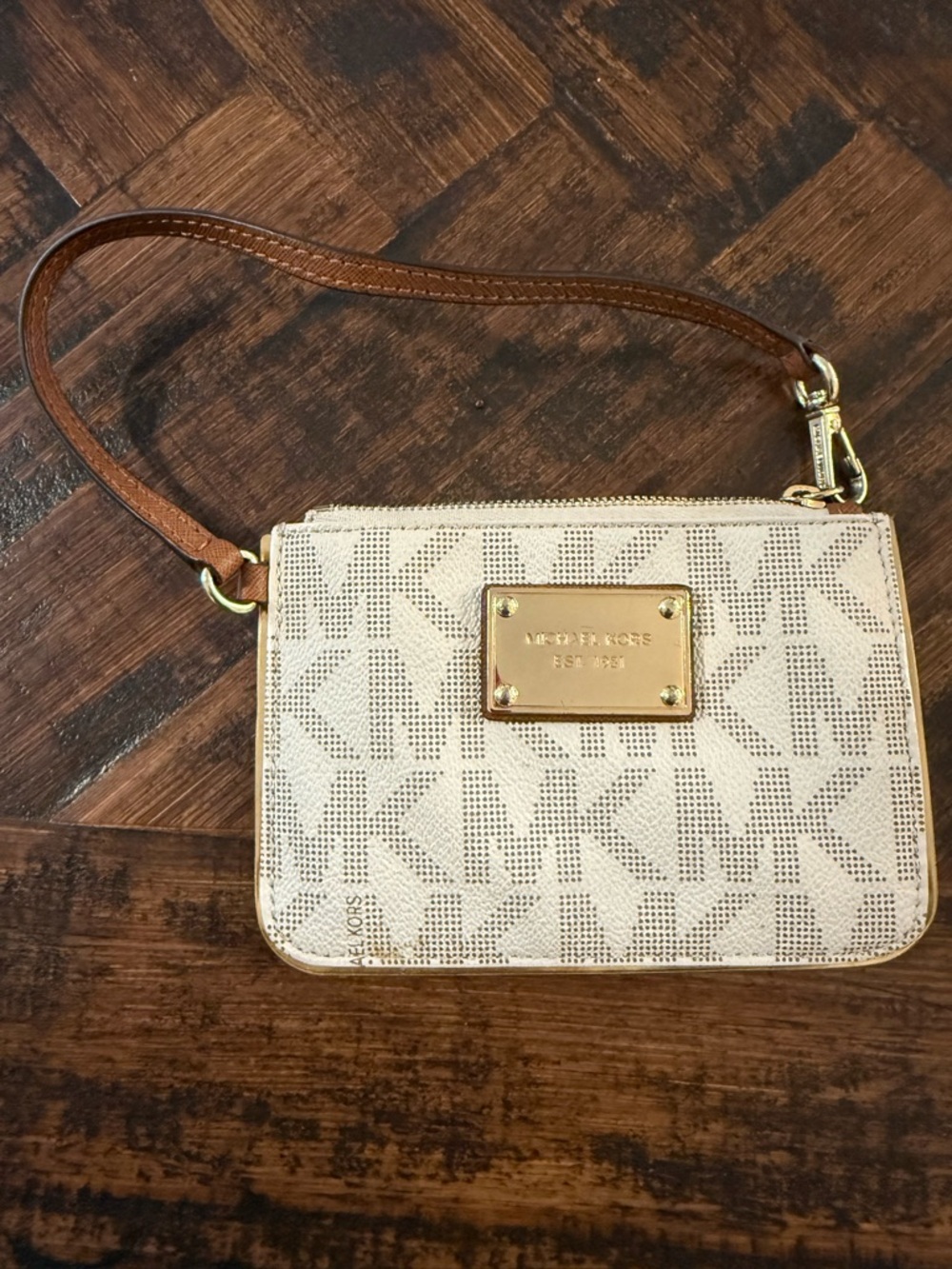Michael Kors Cream MK Logo Wristlet with Brown Leather Strap